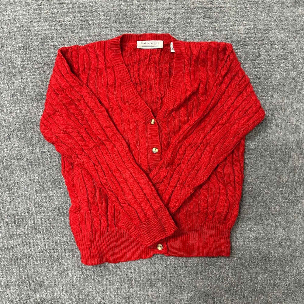 Karen Scott Cardigan Womens Size M Red Cable Knit V-Neck Button Front Classic